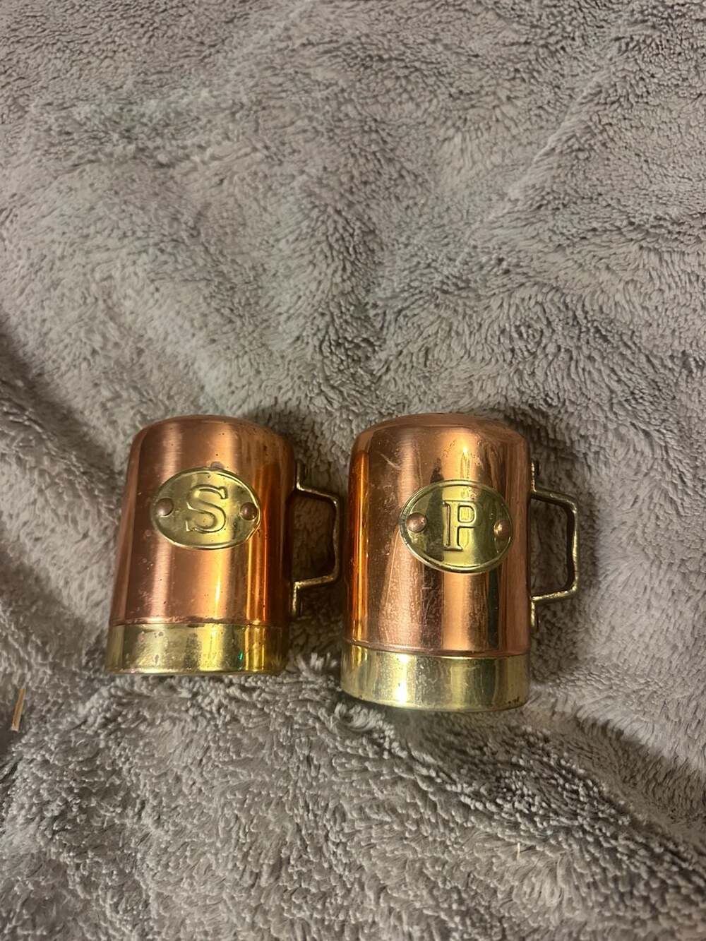 Vintage Old Dutch Copper and Brass Stovetop Salt and Pepper Shakers with Handles